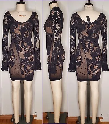 Bebe Black Dress sexy Bodycon Seamless Floral Lace Cut-out Tan Lining Bell Slv S • $29.99