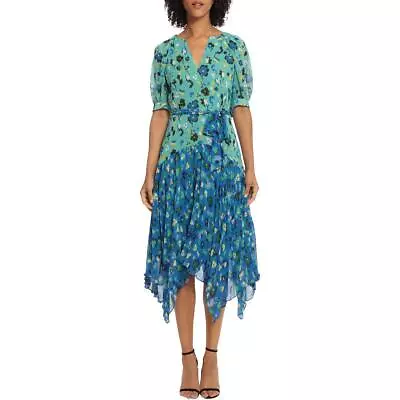 Maggy London Womens Green Pleated Floral Daytime Midi Dress 0 BHFO 8989 • $19.99