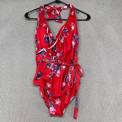 Modcloth Swimsuit Womens Medium Reese Ruffle One Piece Floral Halter Pinup • $20.66