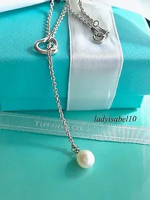 Tiffany & Co 19  Elsa Peretti Open Heart Pearl Lariat Charm Necklace Silver WBox • $399