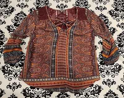 Miss Me Shirt Womens Medium M BOHO Red Sheer 3/4 Skeeve Top Blouse Geometric Tie • $15.99