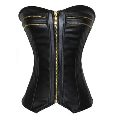 Lady Zip Front Faux Leather Bustier Boned Lace Up Corset Sexy Lingerie Punk Club • £23.99