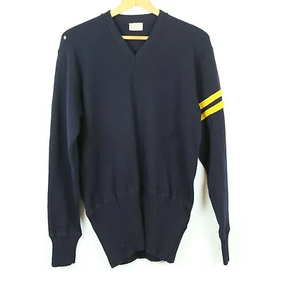 FLAW HOLES Vintage Detroit Knitting Mill All Wool Varsity Sweater Stripe Navy M • $24.50