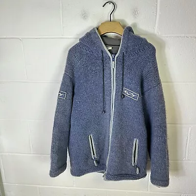 Pachamama Hoodie Mens Medium Large Blue 100% Wool Made In Nepal Hand Knit Jumper • £38.95