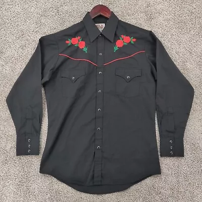 Ely Cattleman Pearl Snap Shirt Mens Medium Black Embroidered Rose Western Cowboy • $20.97