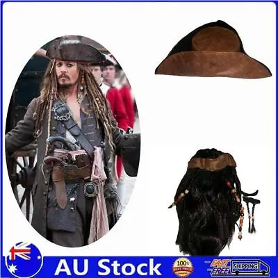 Pirates Of The Caribbean Jack Sparrow Tri Corner Buccaneer Hat Wig Beard Cosplay • $19.85