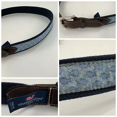 Vineyard Vines Embroidered Belt Sz 32 Men Blue Fish Leather USA YGI B2-349 • $29.99
