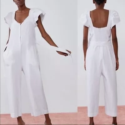 Zara White Rustic Wide Leg Crop Jumpsuit Sz Medium White • $65