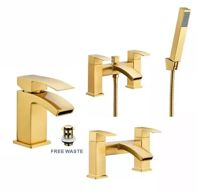 Bathroom Modern Waterfall Brushed Gold Basin Sink Mono Mixer Tap Filler Waste • £31.95