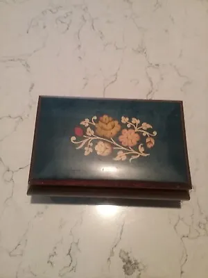 Italian Inlay Music Jewelry Box Blue With Instruments Plays  Love Story  • $40