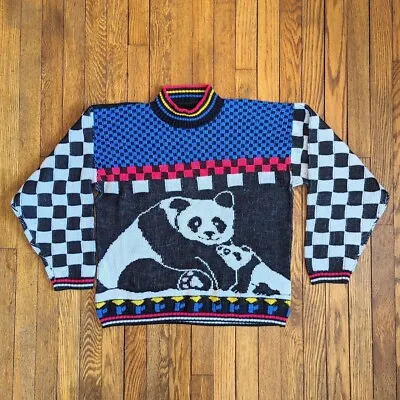 Vintage Panda Knit Sweater Flowers Checks Geometric Bears Size M/L (?) • £38.57