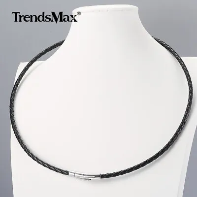 For Men Black Braided Leather Rope Necklace Stainless Steel Secure Clasp 16 -30  • $8.54
