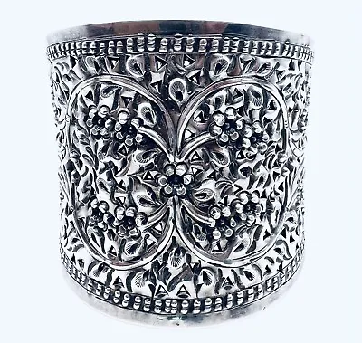 Vintage Sterling Silver Intricate Design Concave Filigree Wide Cuff Bracelet • $225