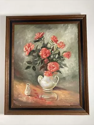 Vintage Original 1970's Oil Painting -Still Life Roses In Vase -Framed -Signed • $75