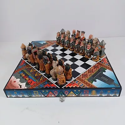 Vintage Folding Chess Set Aztec Mayan Vs Spanish Conquistadors Complete Wood • $29.99