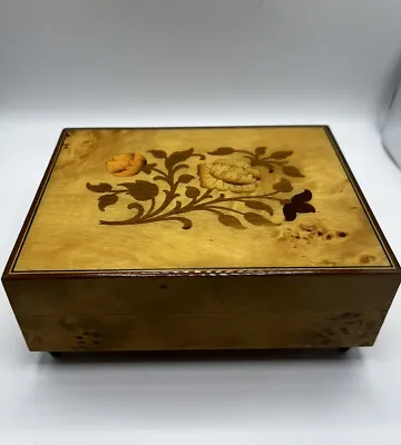 Wooden Inlay Music Box Plays Love Story Beautiful Wood Great Condition Fast Ship • $18.99