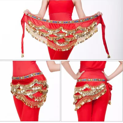 Velvet Dangling Gold Coins Belly Dancing Hip Skirt Scarf Wrap Belt Red • £15.37