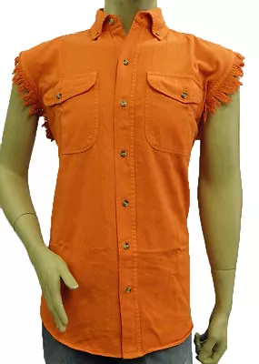 Men's Motorcycle Orange Cotton Half Sleeve Cut Off Shirt With Frayed Sleeves • $19.99