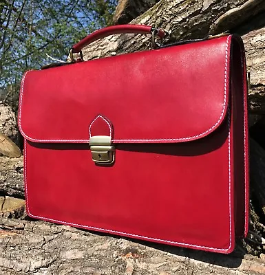 15  Hand Made Italian Leather Briefcase Satchel Laptop Office Bag Red Messenger • £69