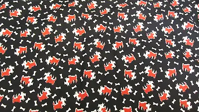 Vtg Pampered Pooch Cotton Fabric Red White Scotties Bones On Black BTYx 44 • $11.09