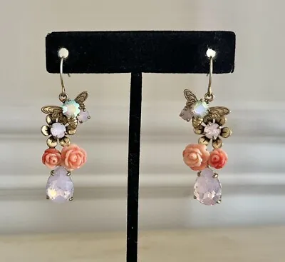 J Crew Signed Bee Butterfly Floral Rose Drop Pink Gold Iridescent Earrings NEW🌸 • $42.49