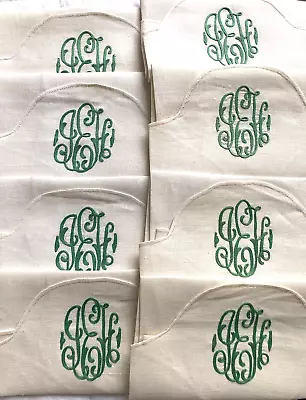 LOT Of (8) VINTAGE GREEN MONOGRAMMED  GEH  IVORY LINEN NAPKINS 19.75x14  • $32.95