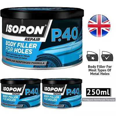 3x Upol Isopon P40 Metal Holes Body Filler Repair Paste Fibreglass Formula • £19.99