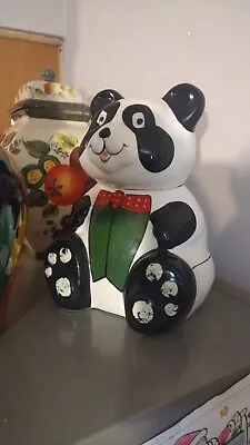 Vintage Ceramic PANDA BEAR Cookie Jar With Red Bow • $20