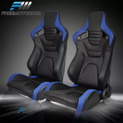 Adjustable Universal Racing Seat Blue Stripe PU Carbon Leather Set&2 Dual Slider • $349.99