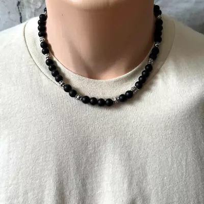 Matte Black Onyx And Silver Beaded Mens Necklace • $30