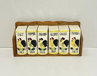 Vintage Japan Ceramic Shaker Spice Box Set Of 6 Rooster Design W/ Hanging Shelf • $64.98