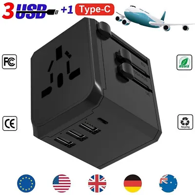 Universal Travel Adapter Worldwide Multi Plug UK EU AU US 3 USB Type C Charger • £9.89