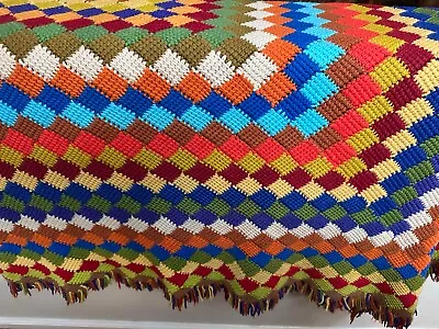 Afghan Blanket ~180 X80  Tassels 8 Colors Diamond Shape Squares Tassel 1980s • $49.35