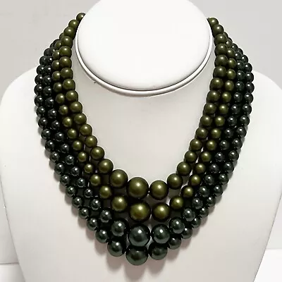 Vintage Four Strand Green Olive Bead Necklace Multi Strand Graduated Beads • $14.99