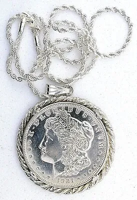 1921 Morgan Silver Dollar Pendant With Silver Color Rope 18 Inch Chain Ebs5482 • $129.96