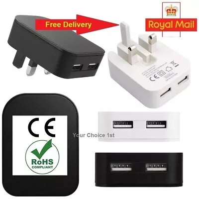 UK Mains 3 Pin Plug Adapter Wall Charger With 2 USB Ports For Phones Tablets CE • £5.09