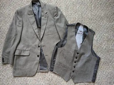 Vintage 2pc Gray TWEED Jacket Vest 41R Wool GLEN PLAID Preppy Blazer • $39.95