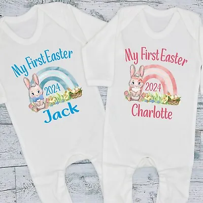 Personalised First 1st Easter 2024 Bunny Name Baby Bib Vest Grow Romper T Shirt • £6.99