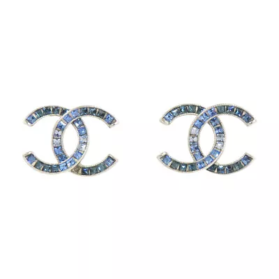 CHANEL CC Logos Blue Rhinestone Stud Earrings Silver Tone A15P Auth D-h1133 • $685