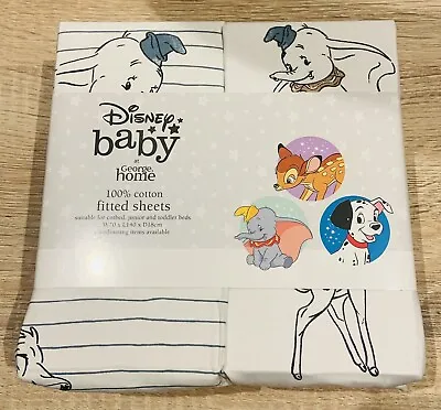 Disney Baby Fitted Sheets Twin Pack_100% Cotton_Cotbed_Junior Bed_Dumbo_Bambi • £8.95