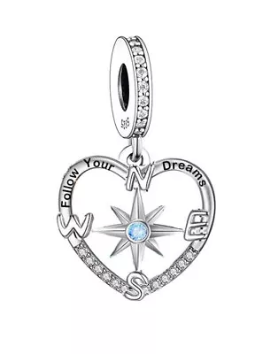 Compass Travel Heart Charm 💜 Genuine 925 Sterling Silver Follow Your Dreams • £15.99