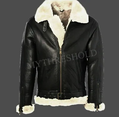 Mens Black Leather Jacket Genuine Sheepskin Aviator Fur B3 Bomber • $172.98