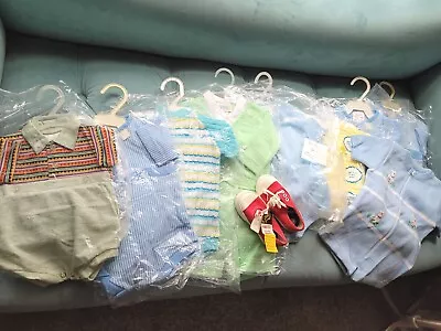 Vintage Lot Of Baby Boy Clothes 60s 70s NEW 0-18mths + Red Etell Sneakers 6 • $128.23