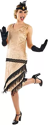 Womens Charleston Girl Costume + Gloves S - L Ladies Gold Flapper Fancy Dress • £29.99