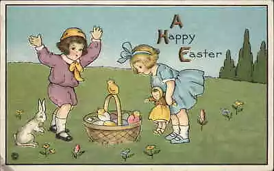 Easter Stecher Ser 805E Little Girl With Dolly Basket Of Eggs Vintage Postcard • $8.29