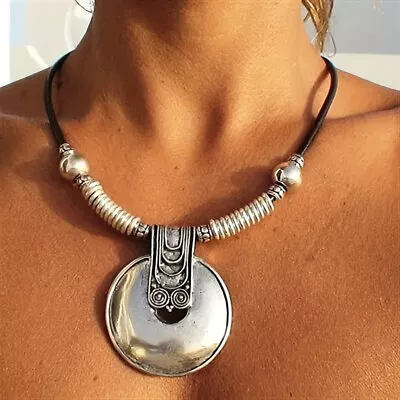 Bohemian Vintage Round Pendant Necklace Silvery Decorative Jewelry Memorial Gift • $3.72
