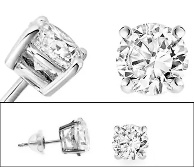 Solid 14k White Gold And Round Cubic Zirconia CZ Solitaire Basket Stud Earrings • $45.95