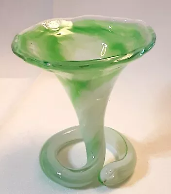 Hand Blown Art Glass Vase Coiled Base Green Trumpet Flower 3.5  • $14.99