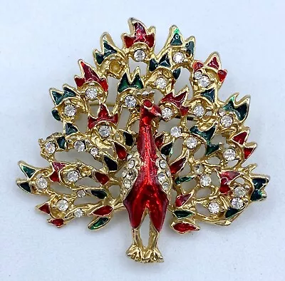 F7-2399 Vintage Brooch Gold Tone Pin 1.75  Animal Rhinestone Bird Turkey Enamel • $5.99