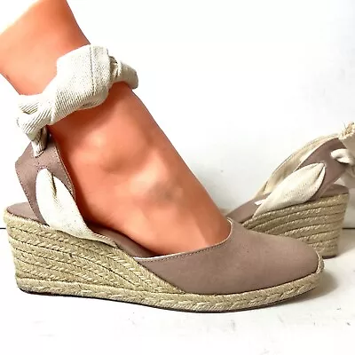 $29.69 • Buy Zara Trafaluc Tan Dusty Rose Espadrille Tie Up Wedges Womens Sz EU 41 US 10-10.5